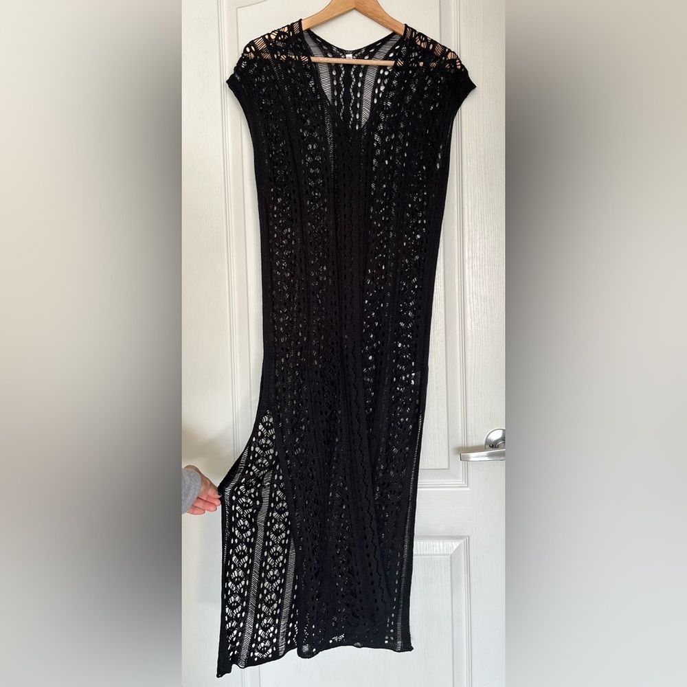 Black Crochet Maxi Dress Sleeveless Hollow Out Knit, S Whimsigoth Beach Cover Up